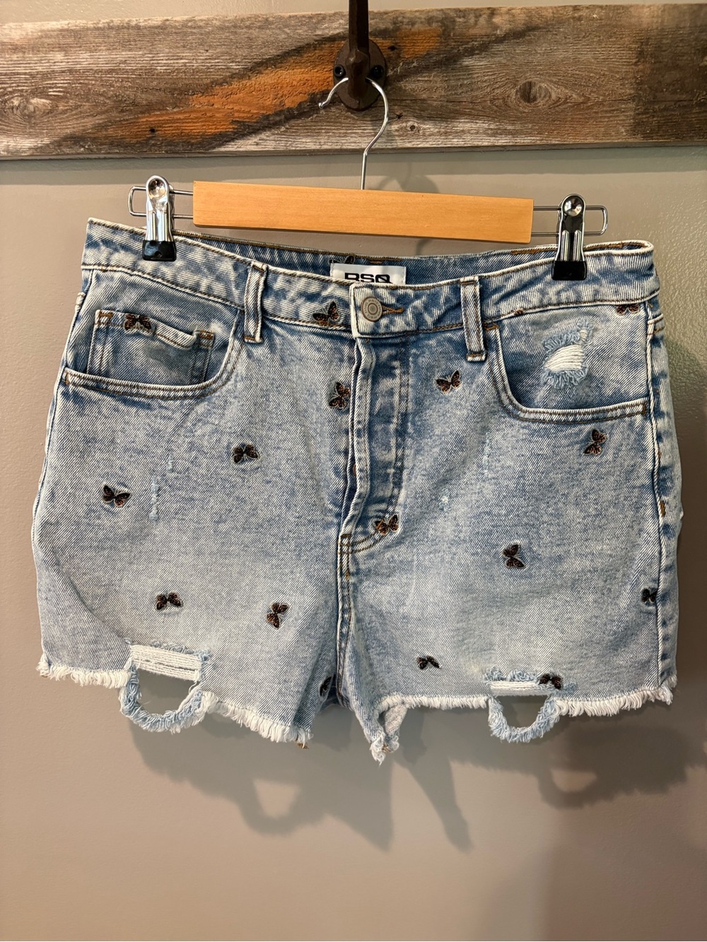 RSQ Light Blue Butterfly Embroidered Cut Off Denim Shorts